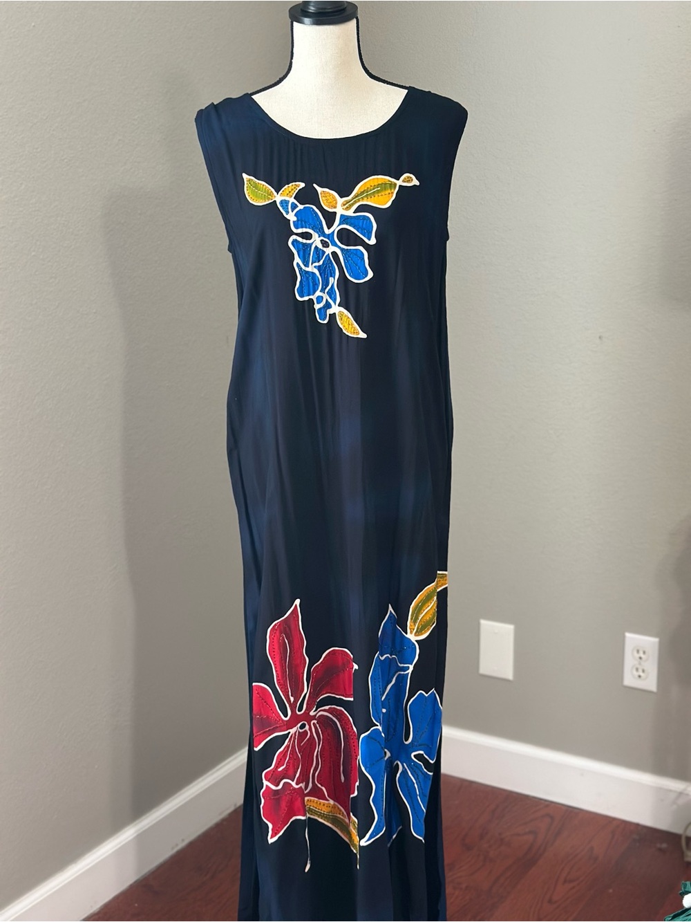 Vintage Hawaiian Navy Maxi Dress with Floral Accents